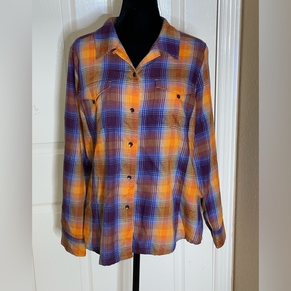 Woolrich Tops - Woolrich Plaid Flannel Long Sleeve Shirt Purple /Orange/Blue Women’s Size XL